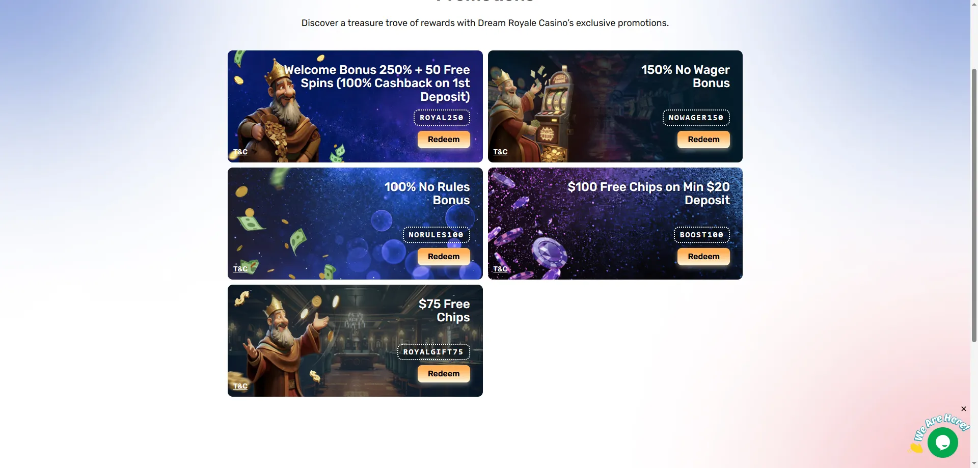 Dream Royale Casino welcome bonus — $125 free chip and 250% match